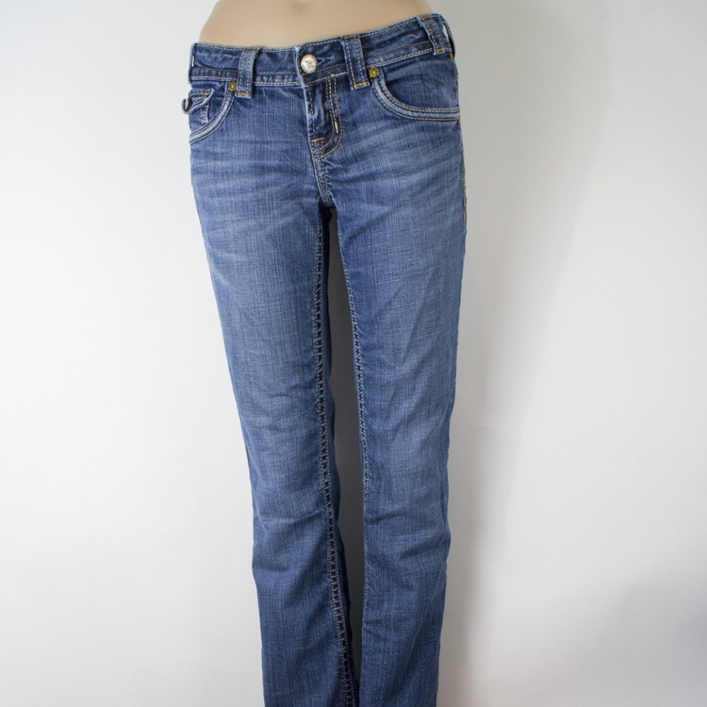 MEK Buckle New York Bootcut 27 (28 X 33) Women's Jeans Flap Pocket Medium Wash